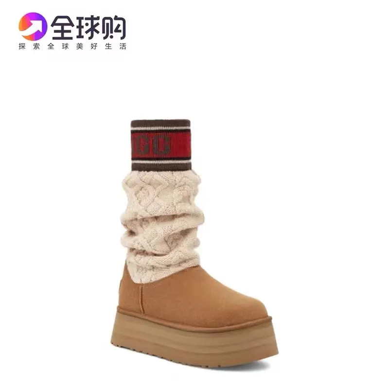 💰600 UGG sheepskin all-in-one snow boots 4045 UGG snow boots new winter pure hand-knitted wool socks and fur all-in-one warm anti-slip high cotton boots Color: maroon black Matching code: 35-40